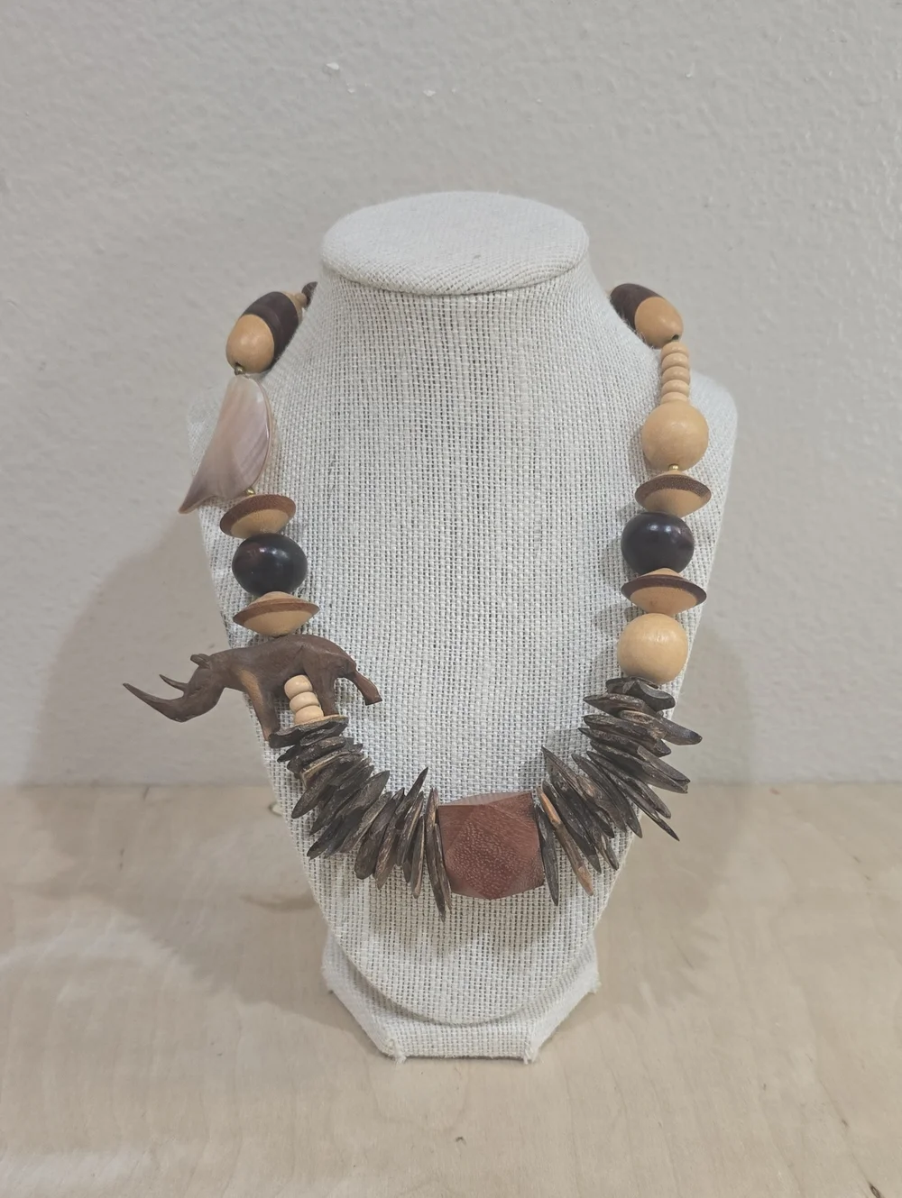 Rustic Brown Wood and Shell Accent Statement Necklace